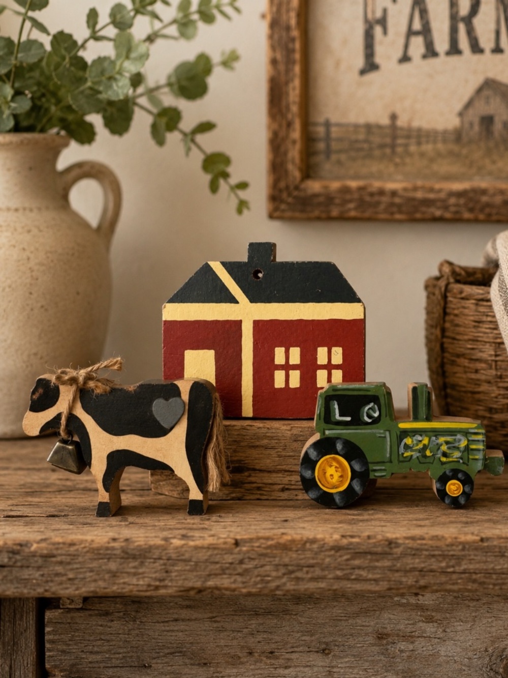 Vintage Folk Art Wooden Farm Figures Lot of 3 Cow Tractor Barn Rustic Decor